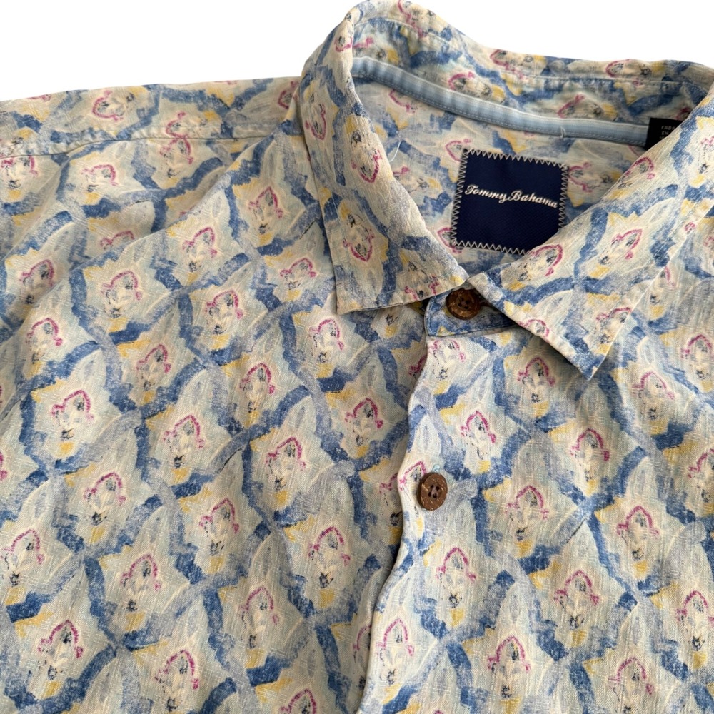 Tommy Bahama Mens 2XB Blue Geometric Ikat Print 100% Silk Button Down Shirt